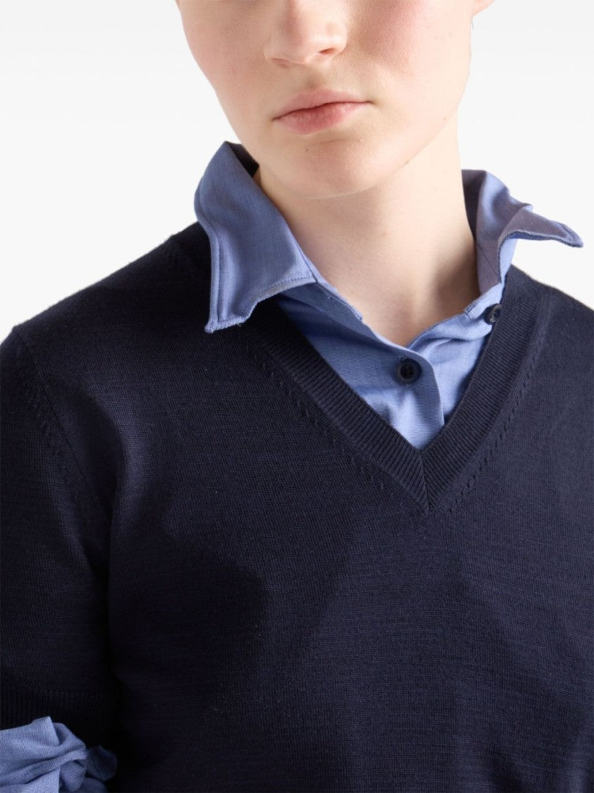 Prada Navy Blue Wool Top With V-Neck