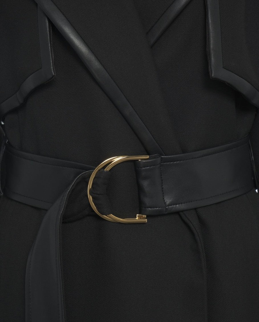 Guess By Marciano Long Black Coat With Leather Detailing And Gold Buckle Closure