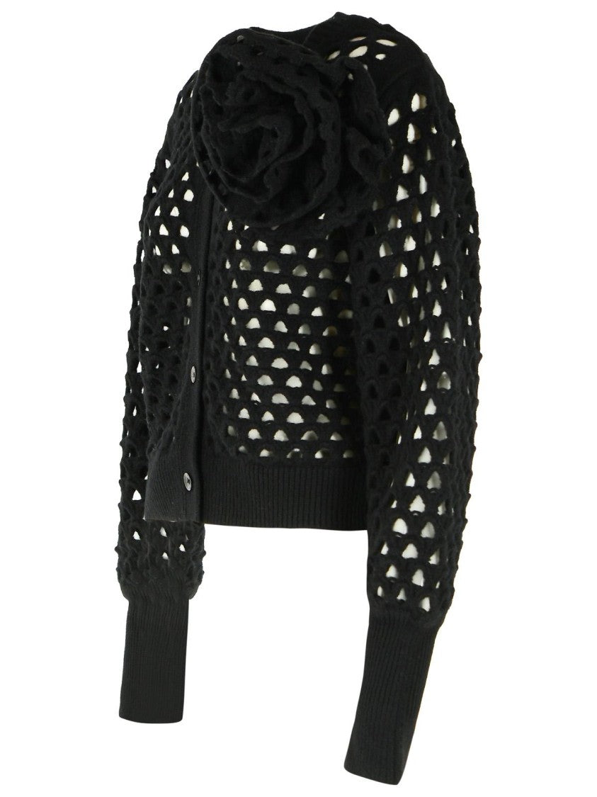 Blumarine Black Rose Detail Openwork Wool Cardigan
