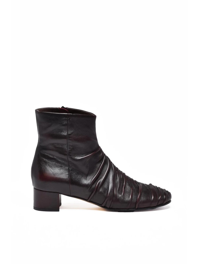 Lorena Paggi Red Leather Ruched Ankle Boots