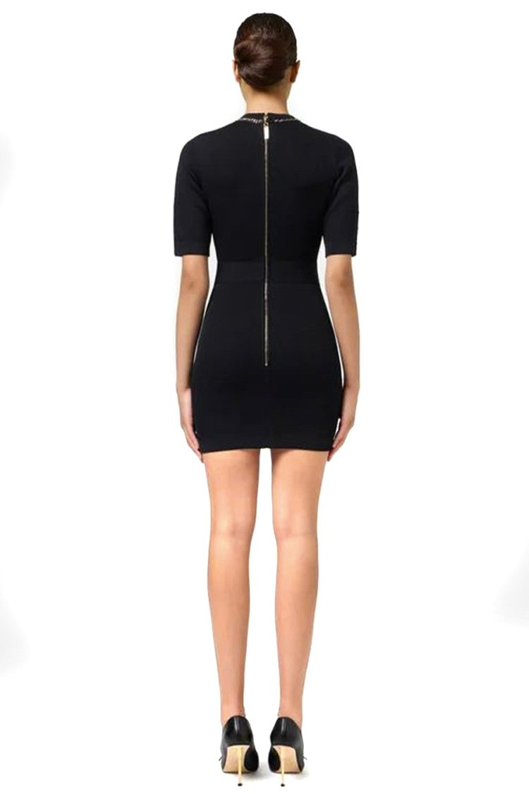 Elisabetta Franchi Fitted Black Mini Dress With Button-Down Front And Gold-Chain Detailing