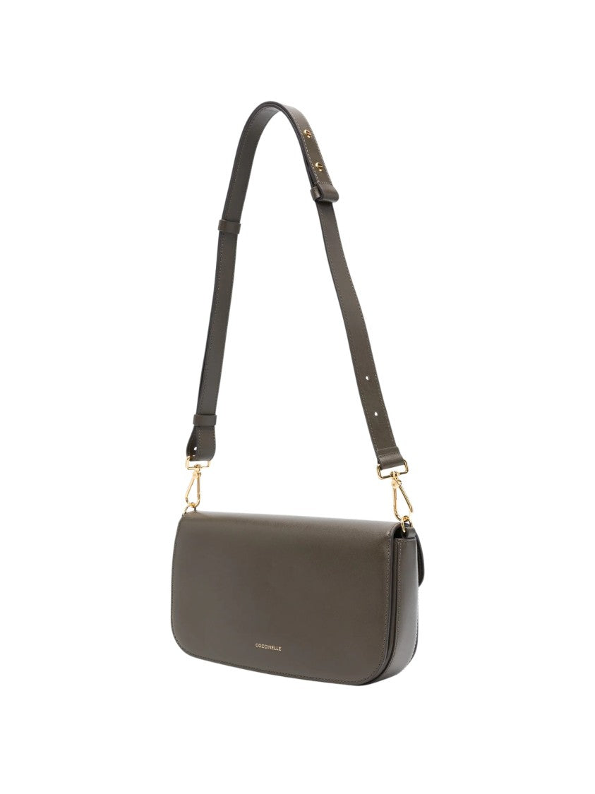 Coccinelle Rectangular Grey Leather Shoulder Bag With Gold-Tone Logo Plaque