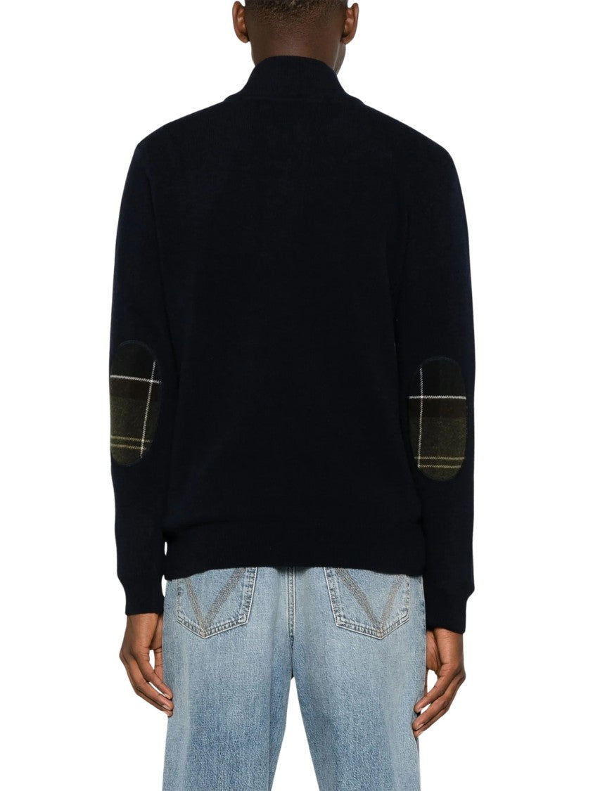 Barbour Funnel-Neck Zip-Up Wool Jumper With Plaid Elbow Patches