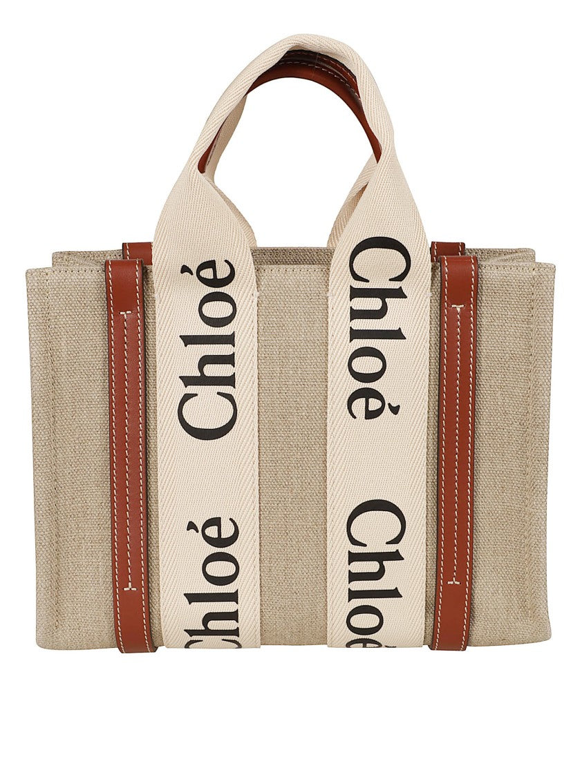Chloé Textured Linen Canvas Tote With Calfskin Trim