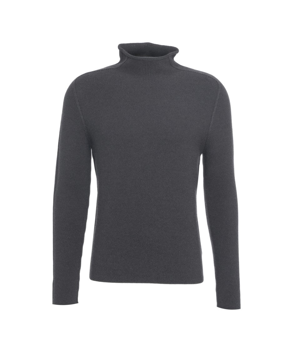 Hannes Roether High-Neck Virgin Wool Knit Sweater With Ribbed Texture