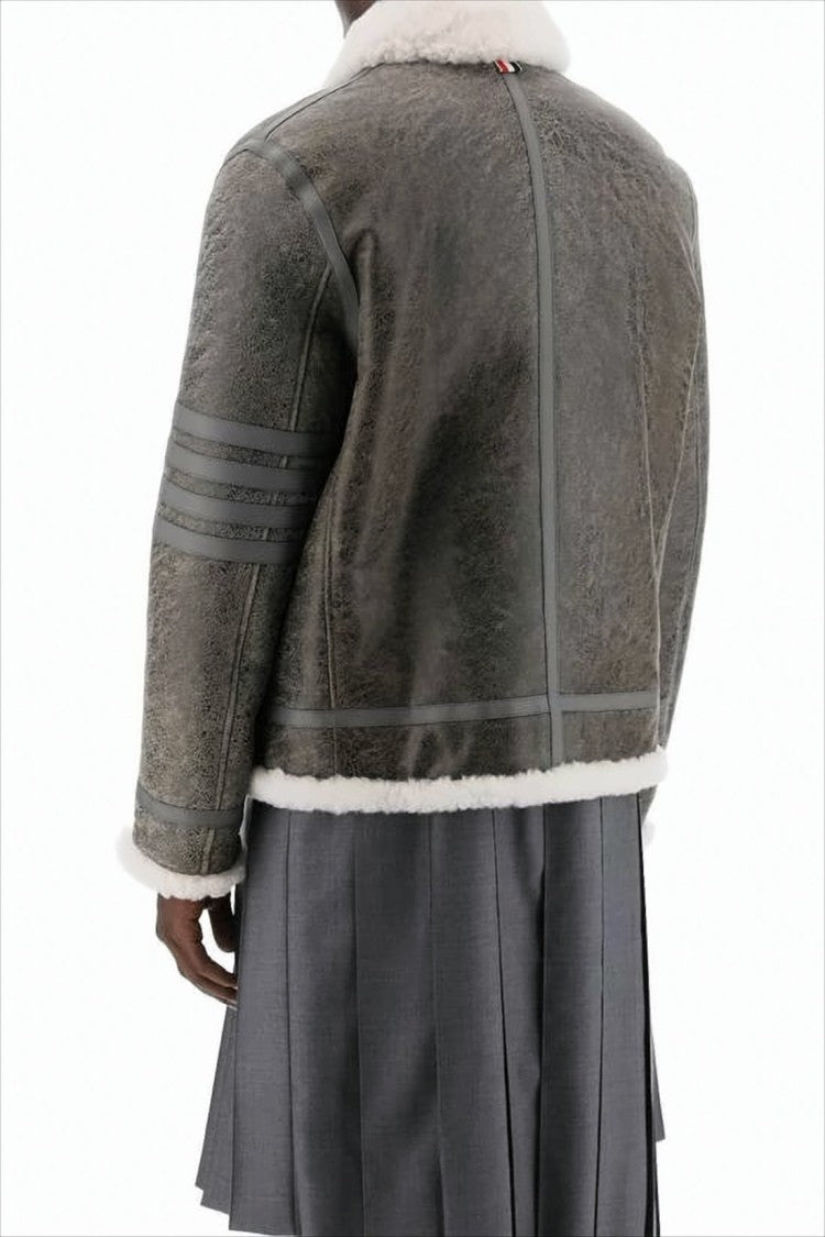 Thom Browne Brown Shearling-Collared Leather Jacket