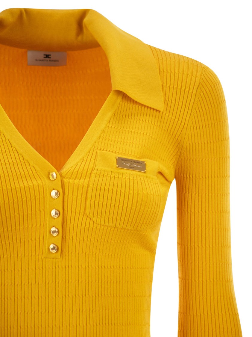 Elisabetta Franchi Micro-Braided Long-Sleeved Polo Shirt With Gold Accents