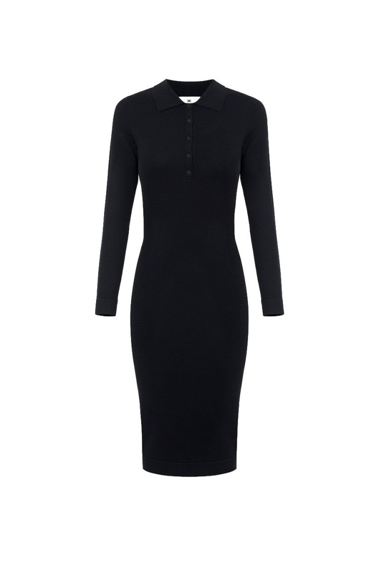 Elisabetta Franchi Black Viscose-Polyester Blend Point-Collar Polo Dress