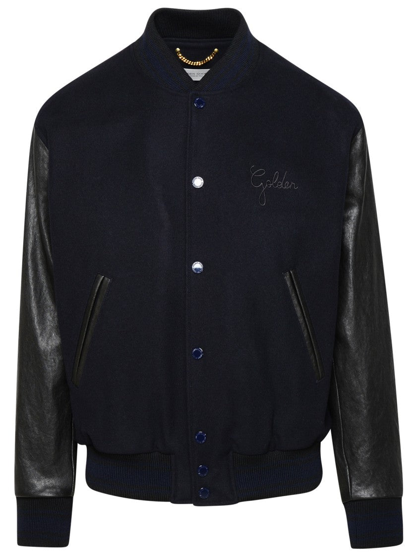 Golden Goose Bomber Jacket In Blue And Black Virgin Wool Blend