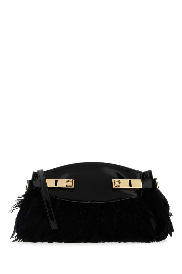 Salvatore Ferragamo Black Leather And Feathers Hug Clutch
