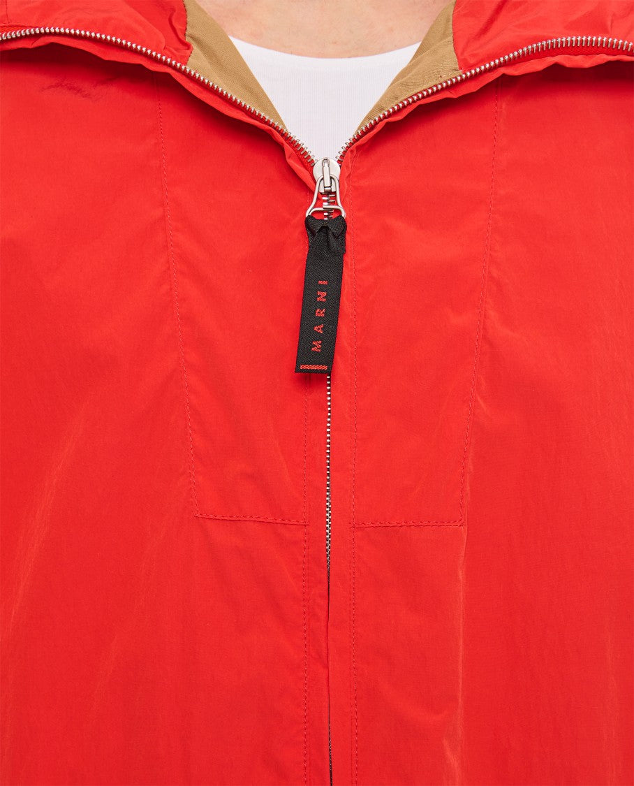 Marni Hooded Red Crinkled Nylon Jacket With Handcrafted Embroidery