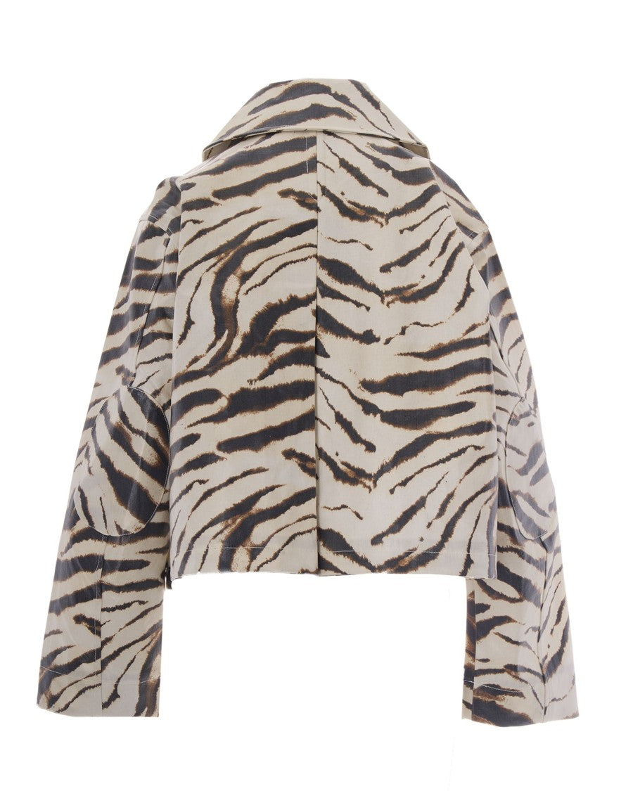 Ganni Cropped Zebra Print Laminated Jacket With Pleated Back