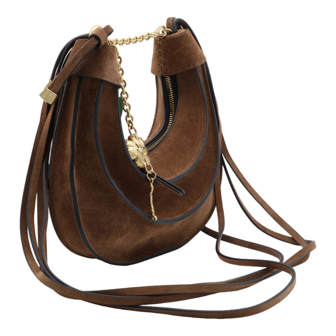 Farm Rio Crescent-Shaped Brown Suede Bag With Gold-Tone Accents