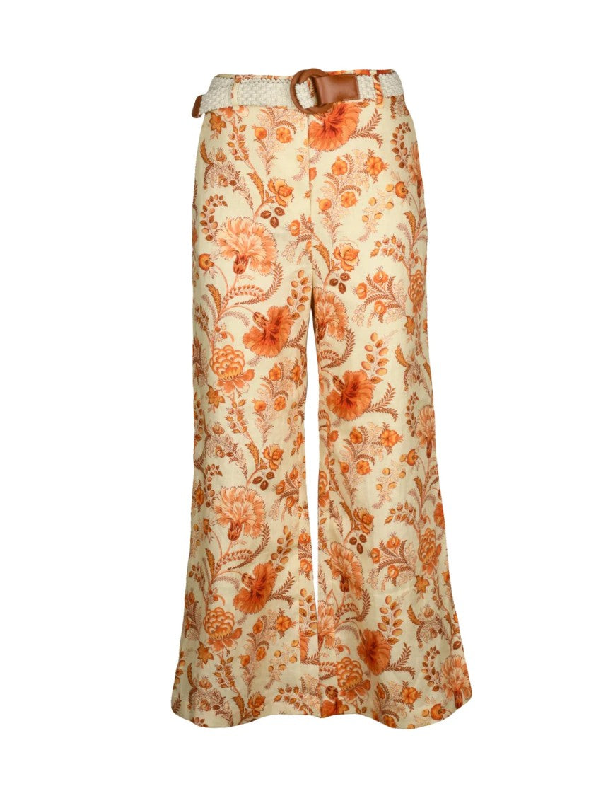 Zimmermann Flared Trousers With Intricate Floral Pattern And Woven Belt