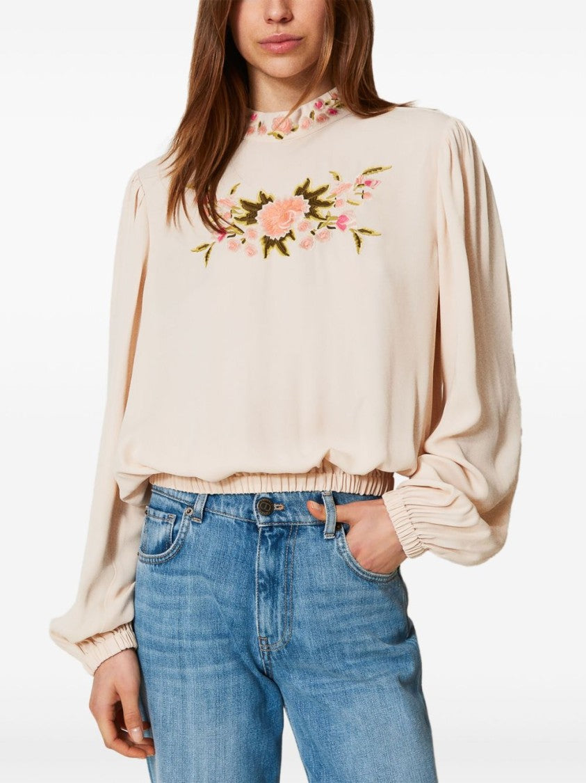 Twin-Set Floral-Embroidered Blouse With Keyhole Closure And Gathered Hem
