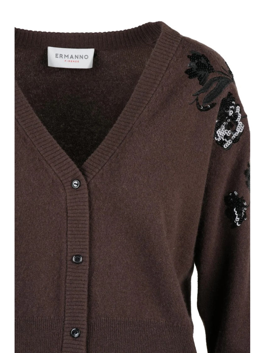 Ermanno Firenze Brown Embroidered Polyamide-Blend Cardigan