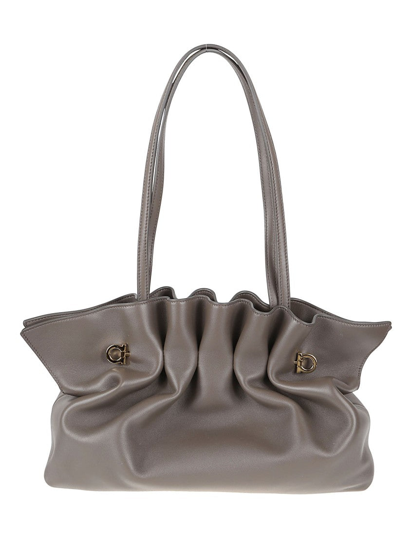 Ferragamo Soft Leather Handbag With Gathered Design And Metallic Accents
