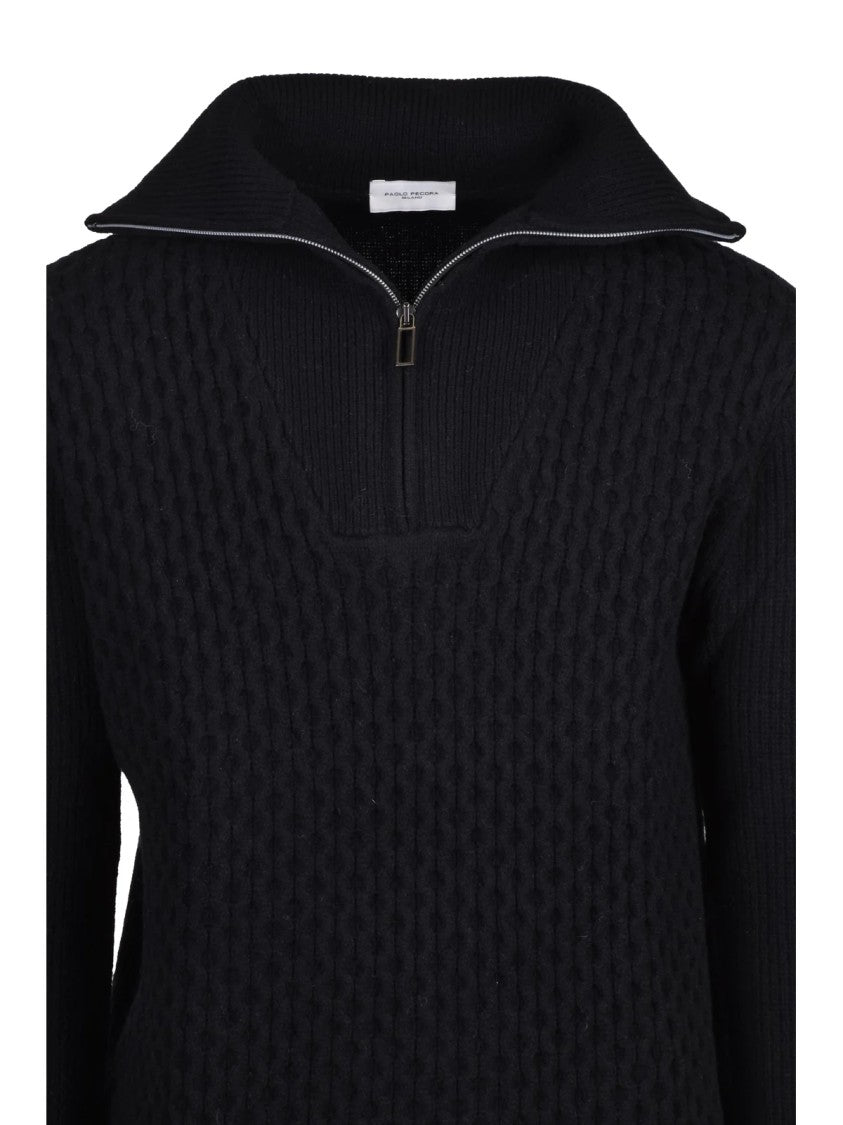 Paolo Pecora Textured Knit Black Wool Zip Sweater By Paolo Pecora