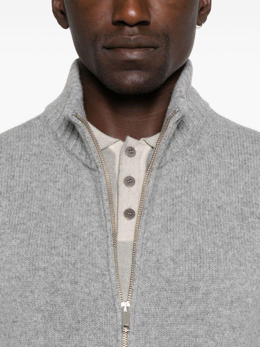 Daniele Fiesoli Full-Zip Grey Wool Sweater With Ribbed Details