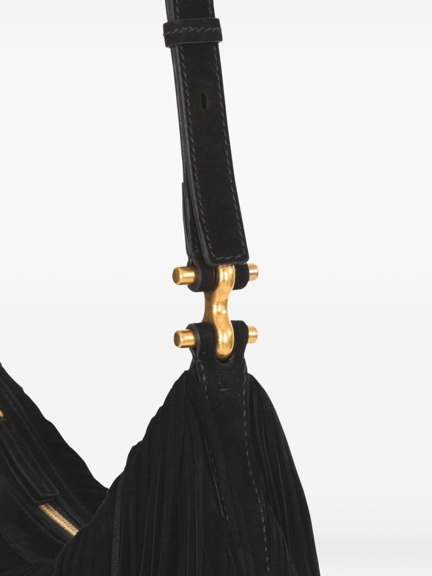 Balmain Black Fringe Detail Suede Shoulder Bag