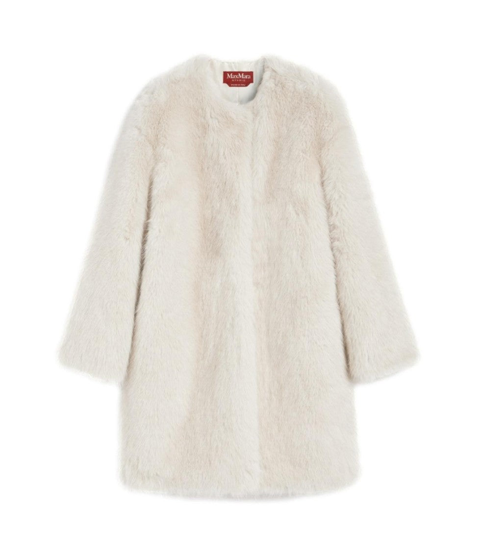 Max Mara Plush Beige Eros Coat With Collarless Design