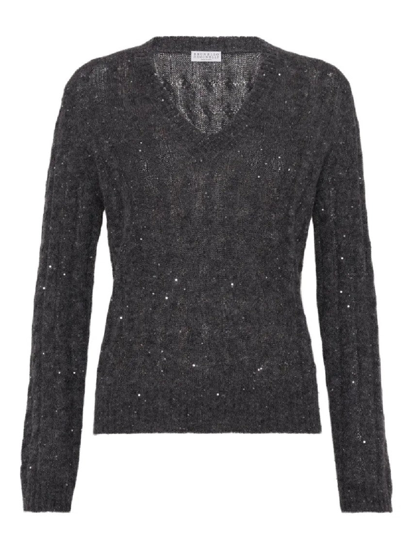 Brunello Cucinelli Textured Cable Knit Sweater With V-Neckline