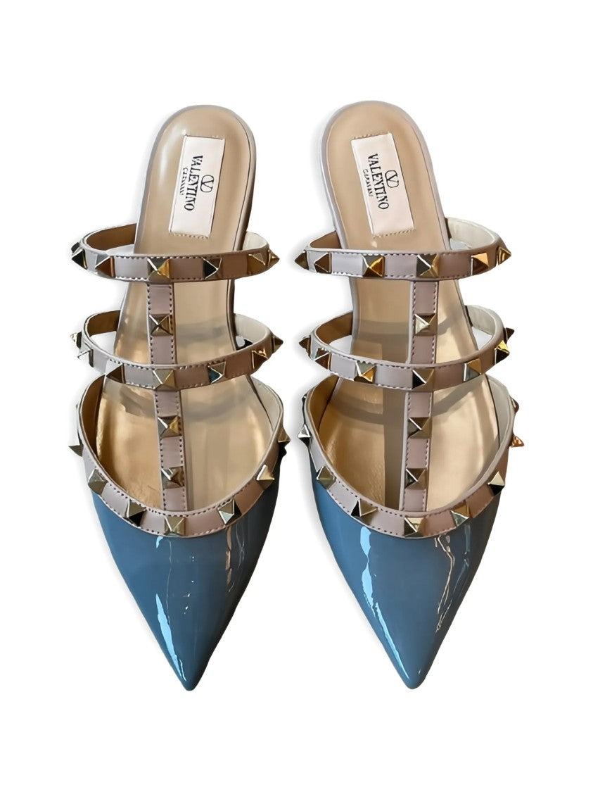 Valentino Blue Pointed-Toe Pyramid Stud Patent Mules