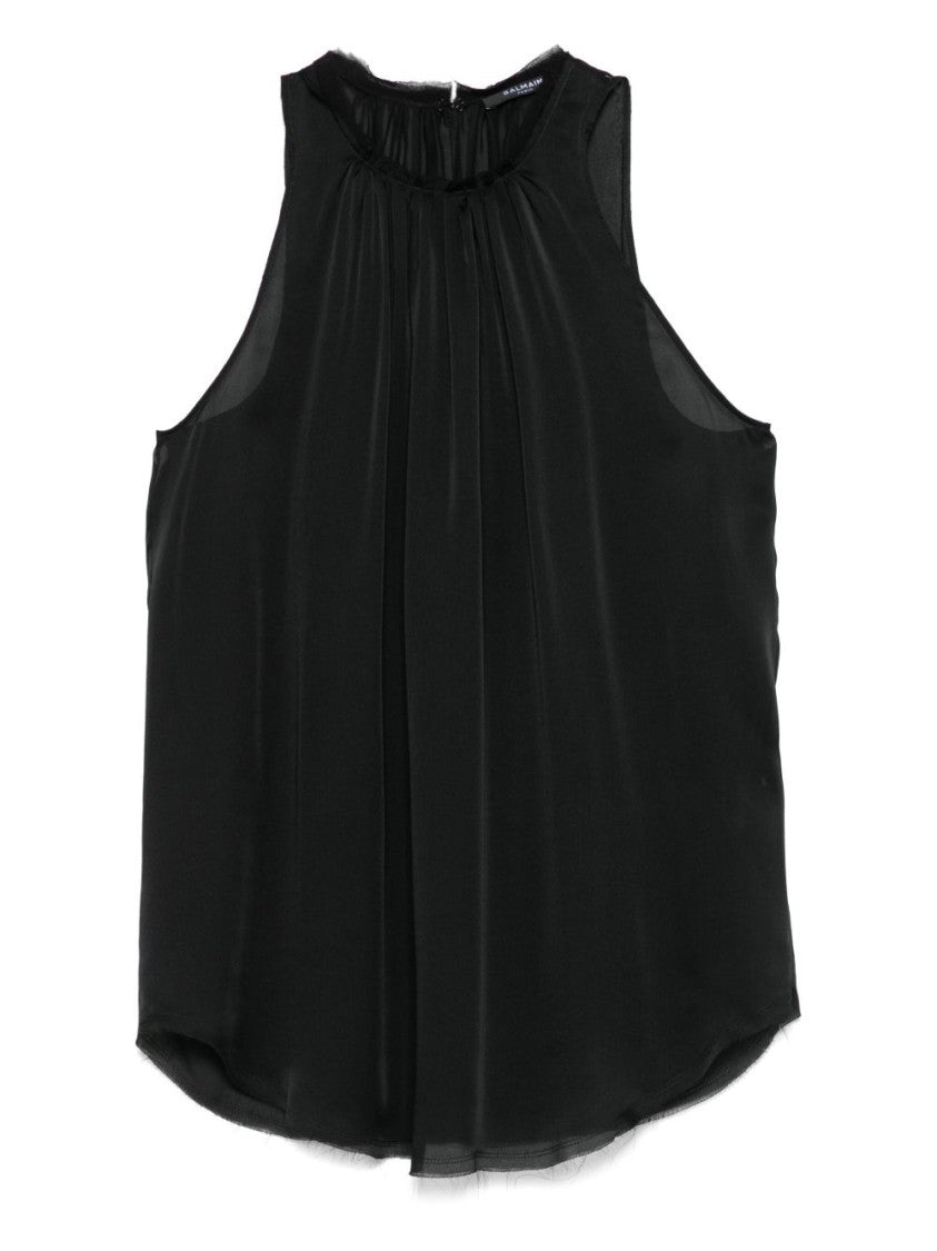 Balmain Black Sleeveless Semi-Sheer Pleated Top