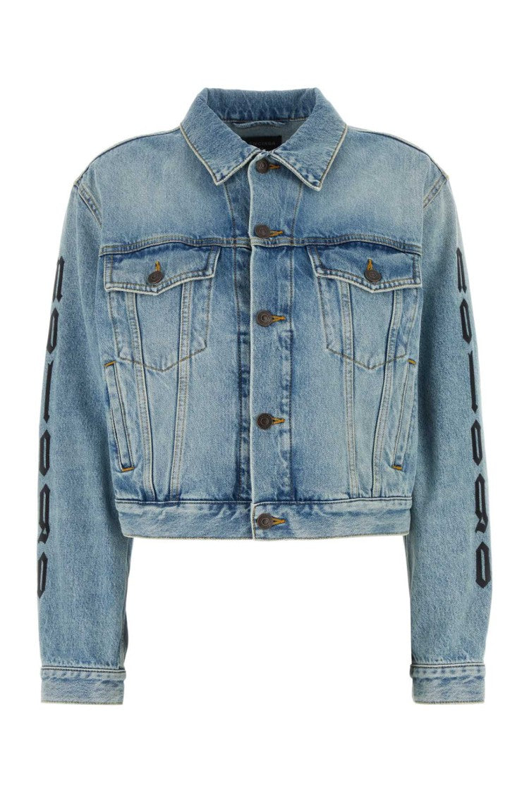 Balenciaga Cropped Denim Jacket With Embroidered Sleeves
