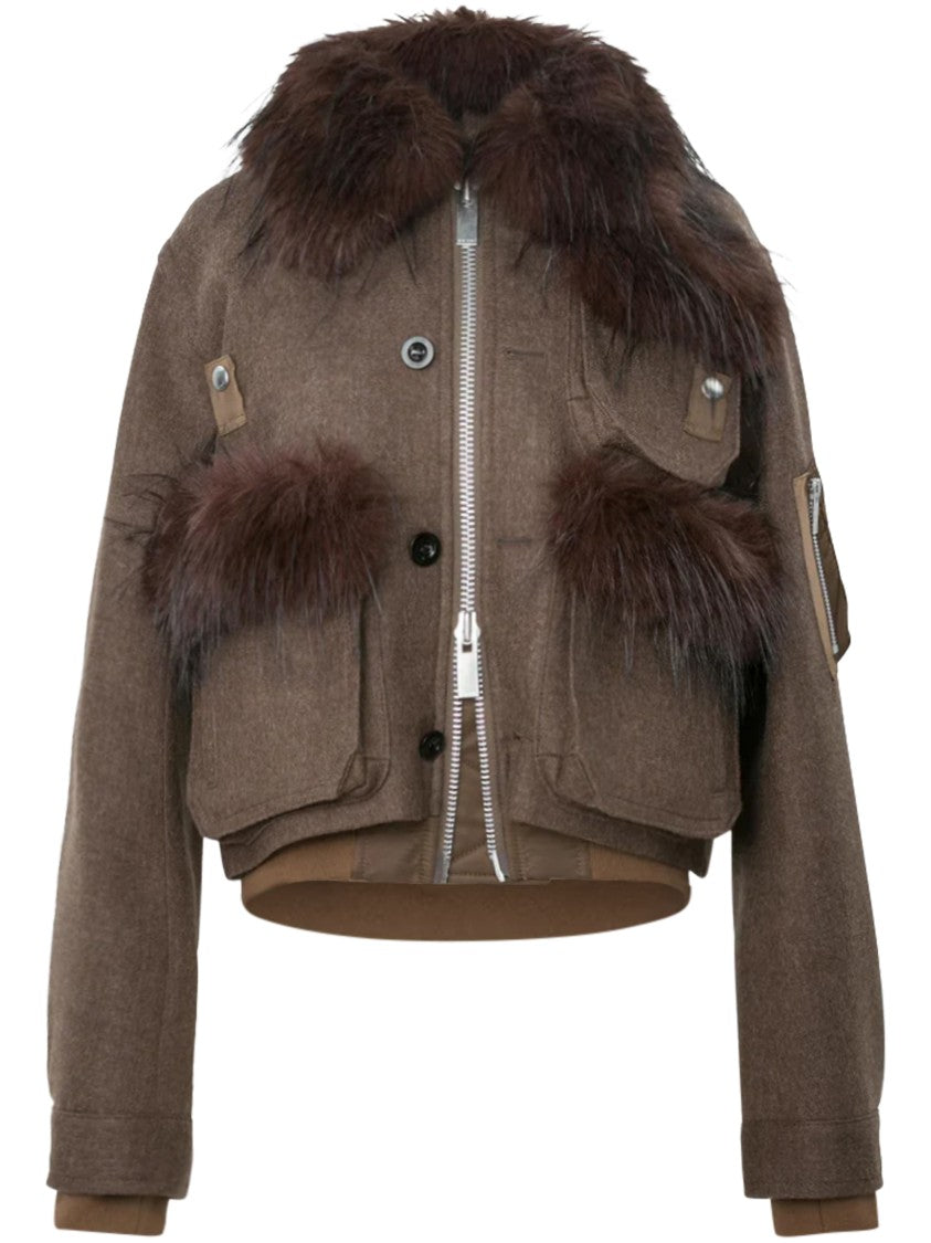 Sacai Cropped Wool Melton Blouson With Plush Fur Collar