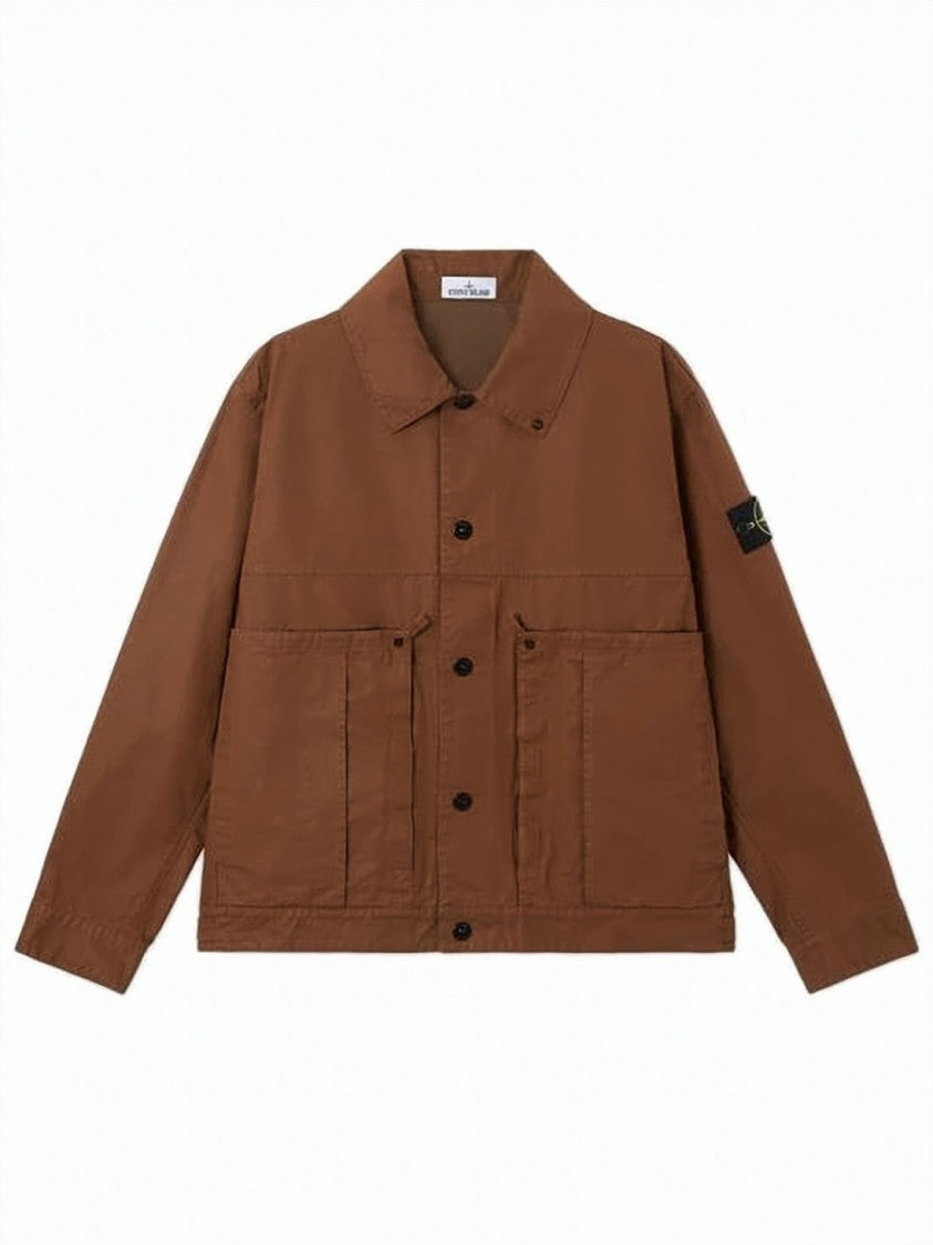Stone Island Boxy Brown Jacket With Classic Collar And Utility Pockets