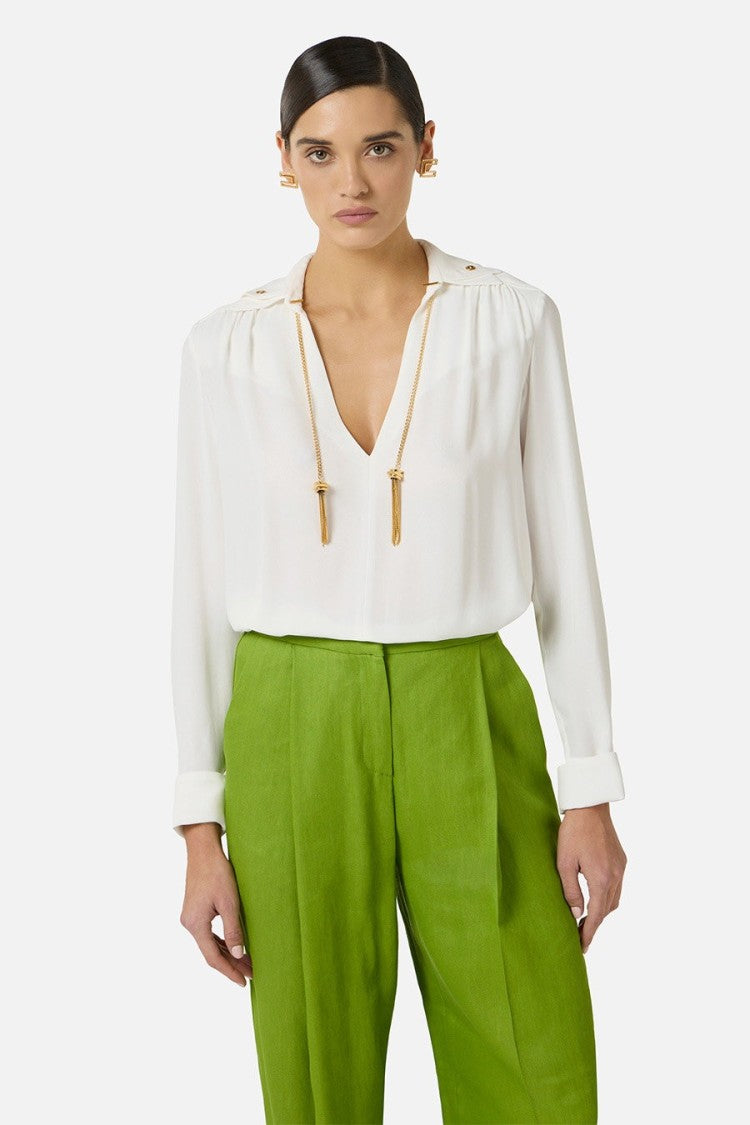 Elisabetta Franchi Ivory V-Neck Gold Chain-Tassel Ties Viscose Blouse