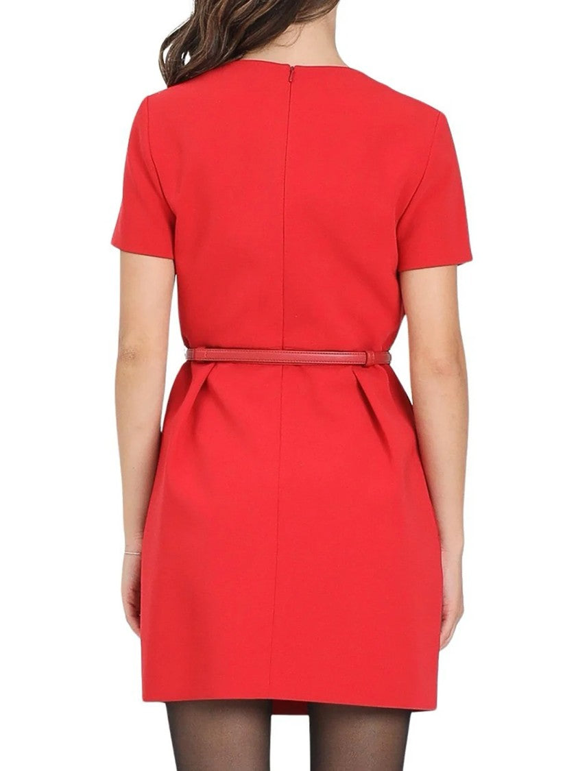 Max Mara Structured Red Mini Dress With Leather Strap And Practical Pockets