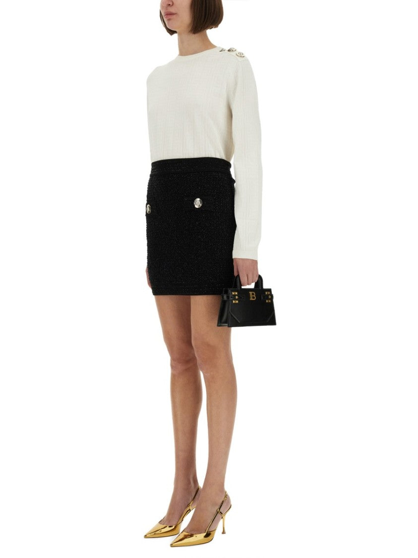 Balmain Fitted Black Tweed Skirt With Decorative Buttons