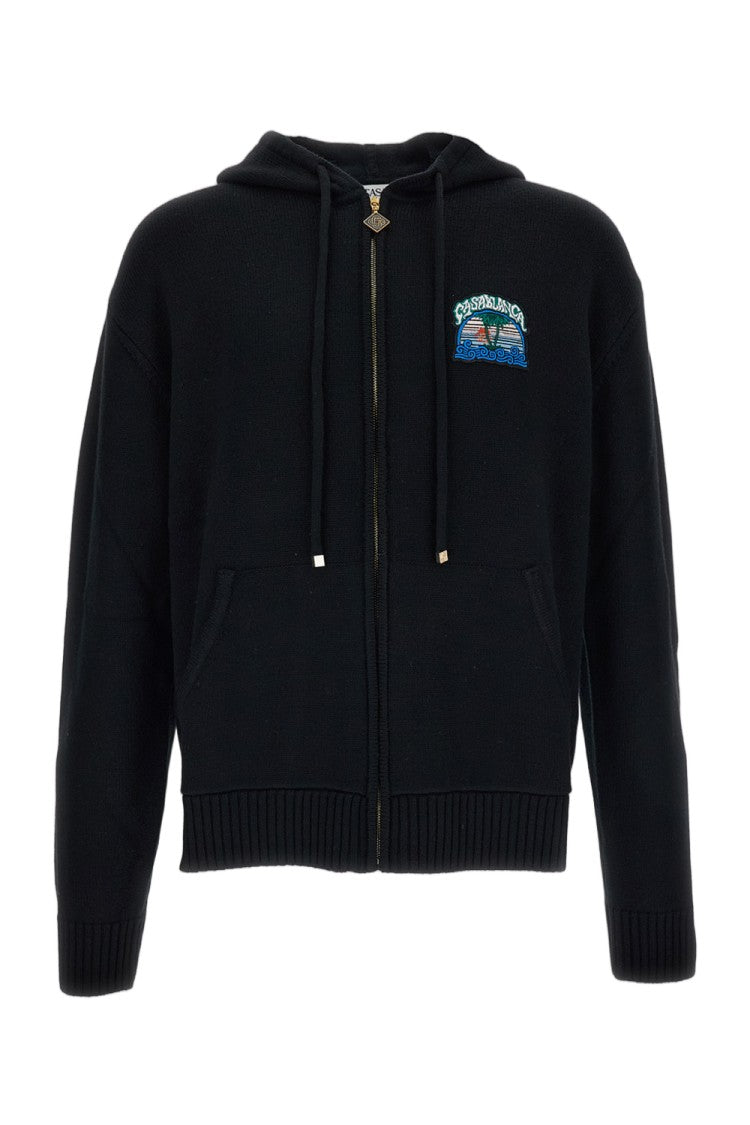 Casablanca Zip-Up Knit Hoodie With Jacquard Palm Tree Motif