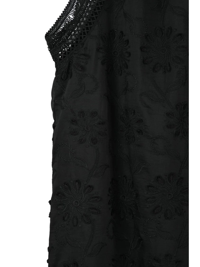 Weili Zheng Black A-Line Floral Embroidered Mini Dress