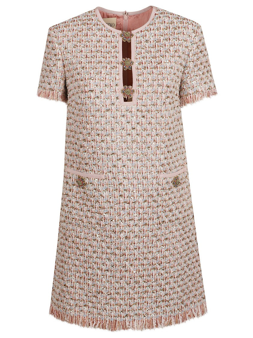 Valentino Garavani Multicolour Textured Dress With Beaded Neckline