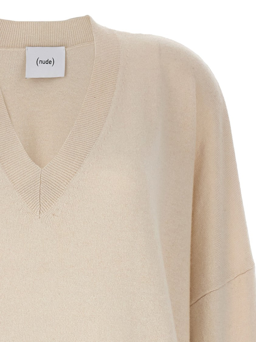 Nude V-Neck Oversized Wool Sweater With Ribbed Cuffs