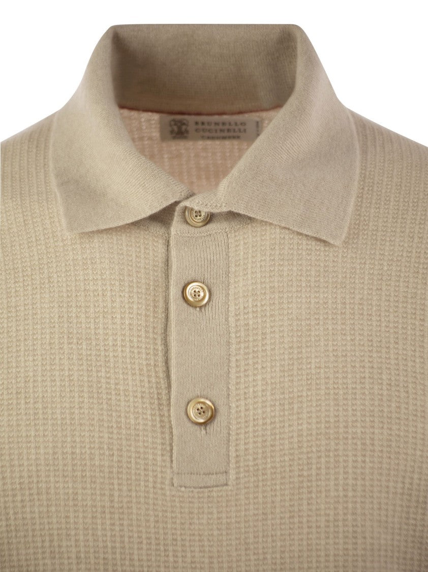 Brunello Cucinelli Waffle Stitch Cashmere Knit Polo Shirt