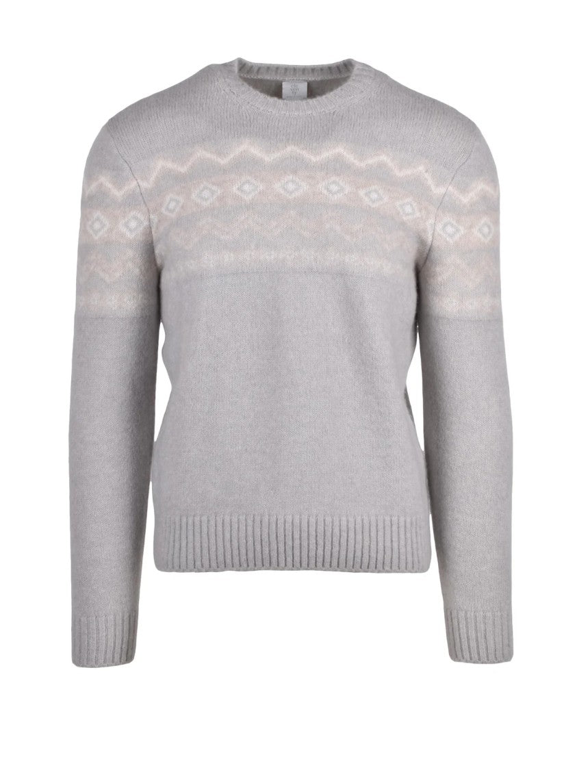 Eleventy Cashmere Silk Crewneck Sweater With Patterned Yoke