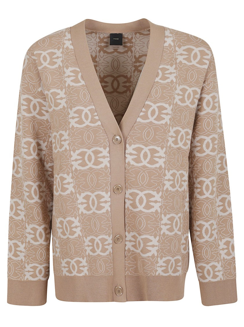 Pinko Beige Geometric Pattern Cardigan With V-Neckline