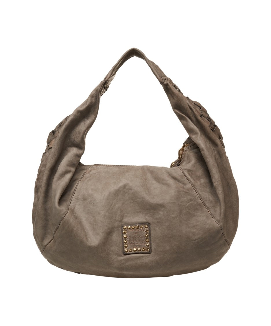 Campomaggi Crescent-Shaped Shoulder Bag With Woven Strap And Metallic Accents