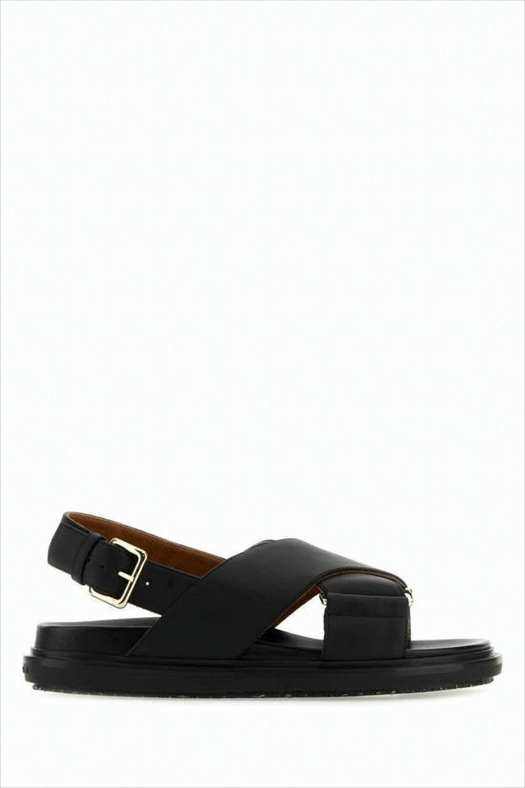 Marni Crisscross Black Leather Sandals With Gold-Tone Buckle