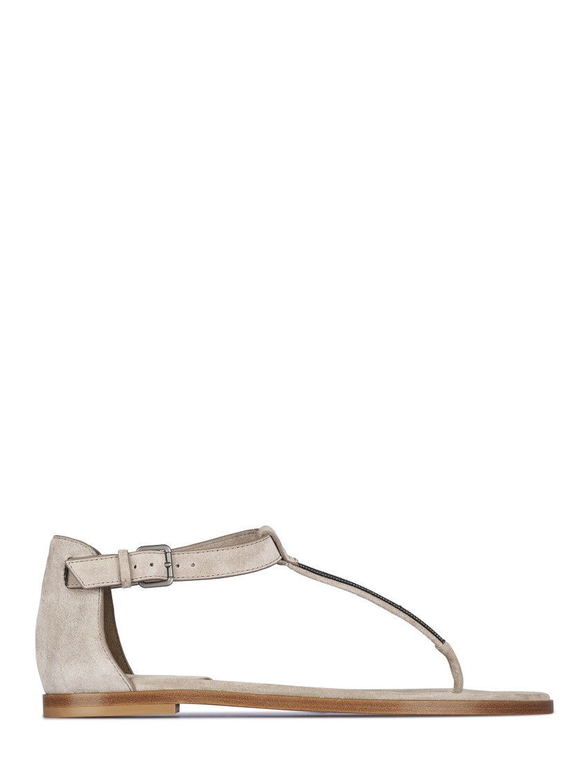 Brunello Cucinelli Flat T-Strap Sandals With Delicate Buckle Closure