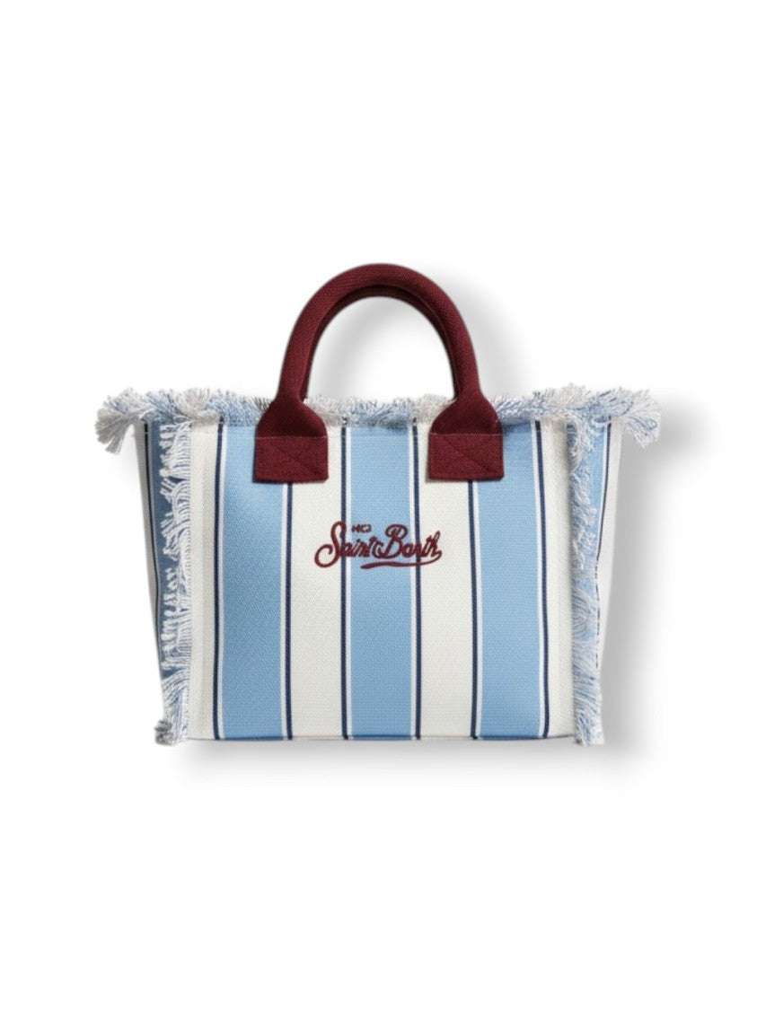 Mc2 Saint Barth Rectangular Tote Bag With Striking Vertical Stripes And Fringed Edges