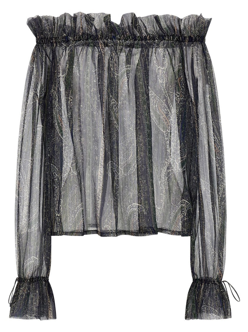 Saint Laurent Paisley Motif Lurex Off-The-Shoulder Blouse With Ruffled Collar