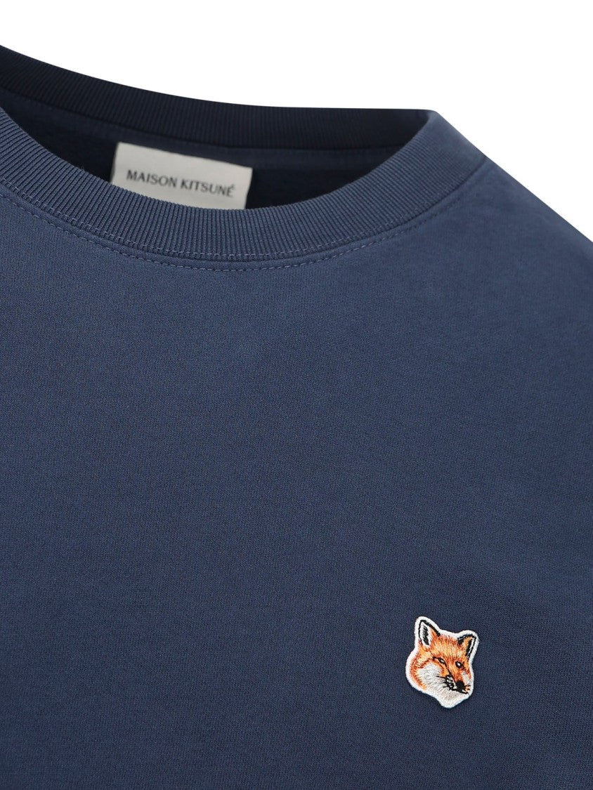 Maison Kitsuné Long Sleeve Crewneck Sweatshirt In Solid Deep Blue With Embroidered Fox Logo
