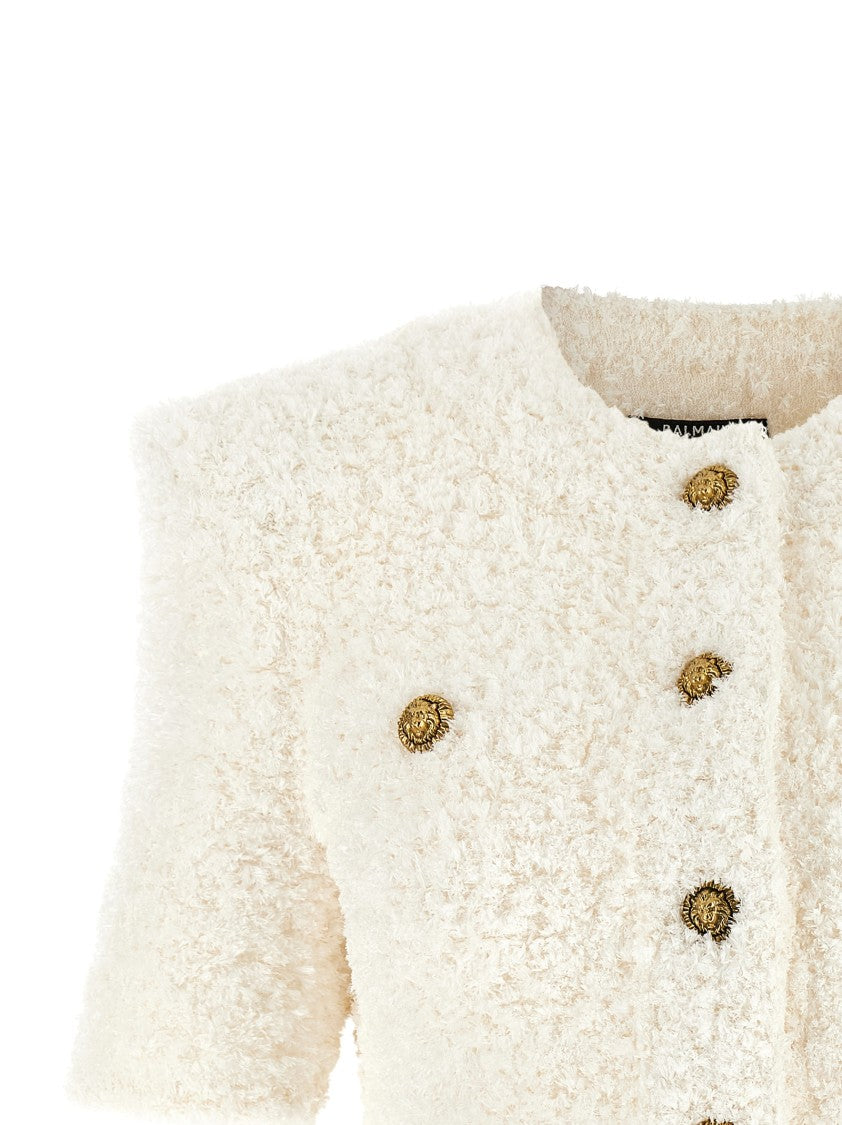 Balmain Cardigan Tweed Plumetis Sequin Crop Cardigan