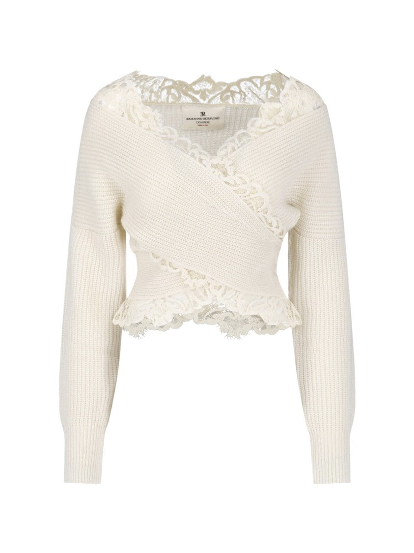 Ermanno Scervino Cream Lace-Trimmed Cashmere Cardigan