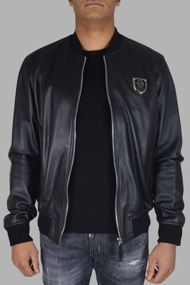 Philipp Plein Black Leather Bomber Jacket With Zip Closure